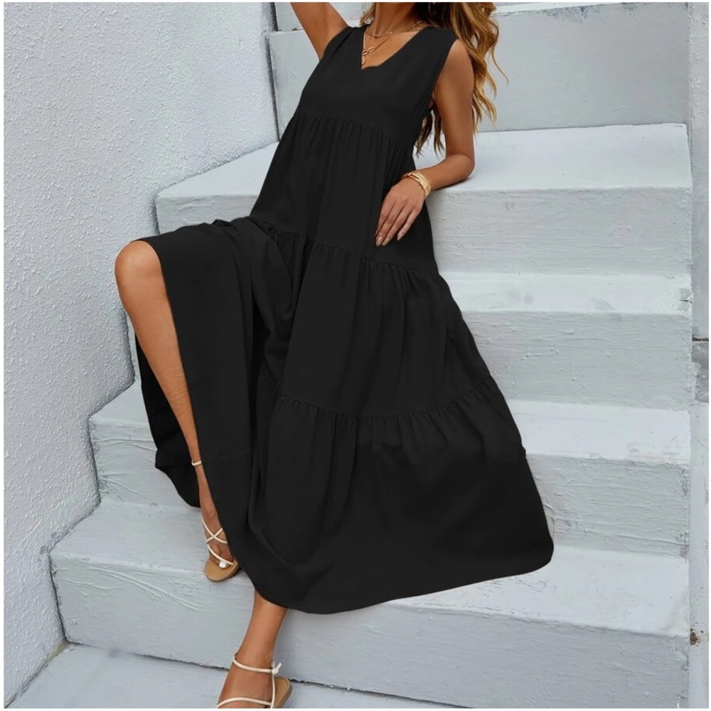 Boho Black Sleeveless Ruffle maxi Dress - Picture 2 of 14